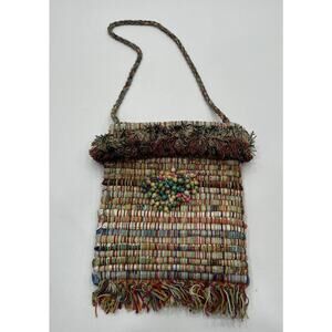 Handmade‎ Lyn Jankowski boho Multicolored fringe Beads Hippie handbag purse Snap